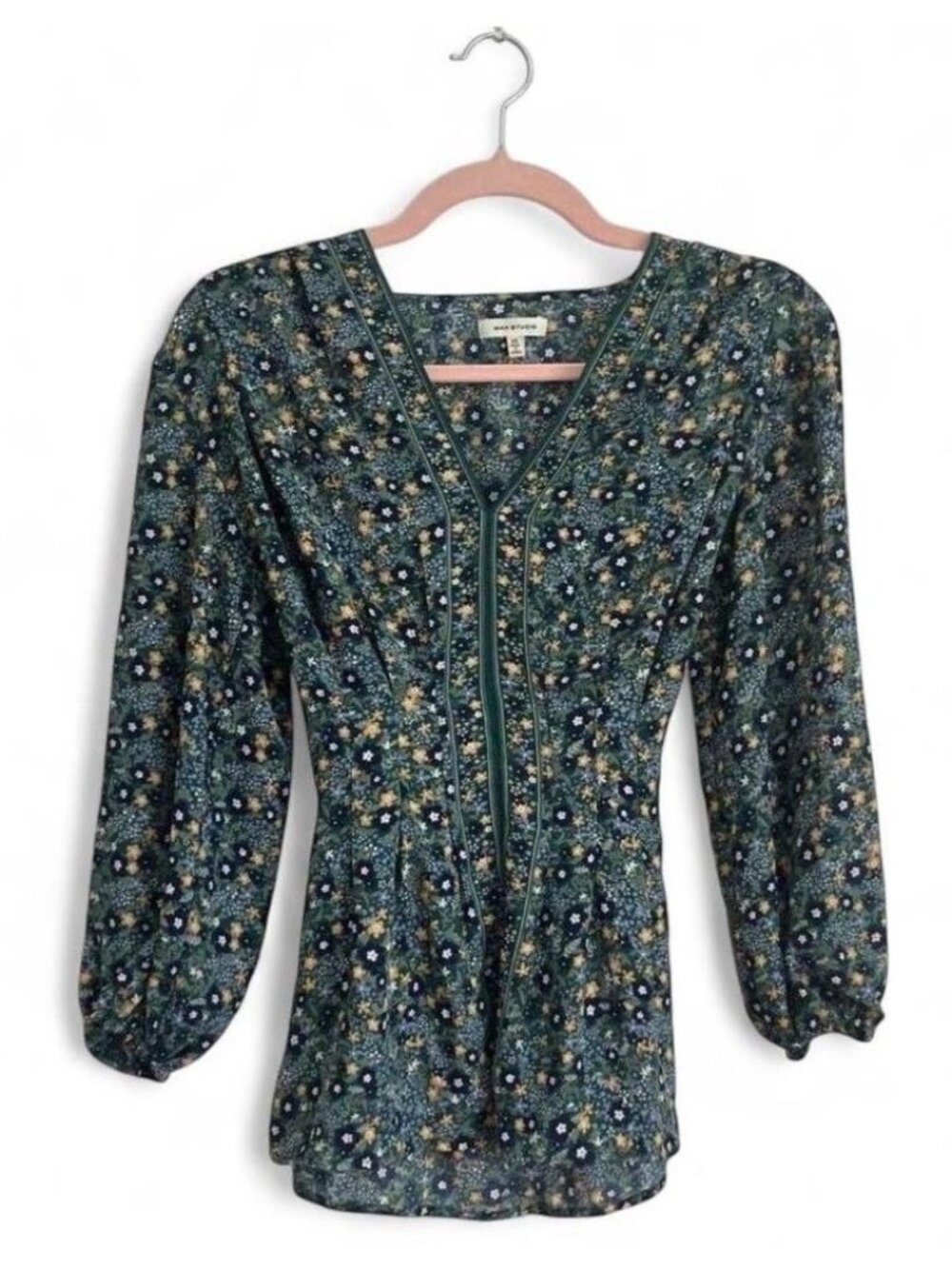 Max Studio Floral V-Neck Tie Waist 3/4 Sleeve Woven Blouse XS Green Multi